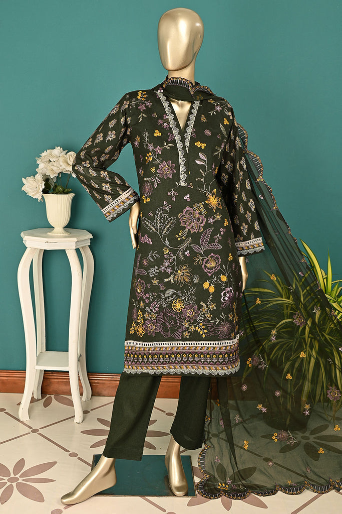SC-365A-Mehndi - Bloom | 3Pc Cambric Embroidered & Printed Dress