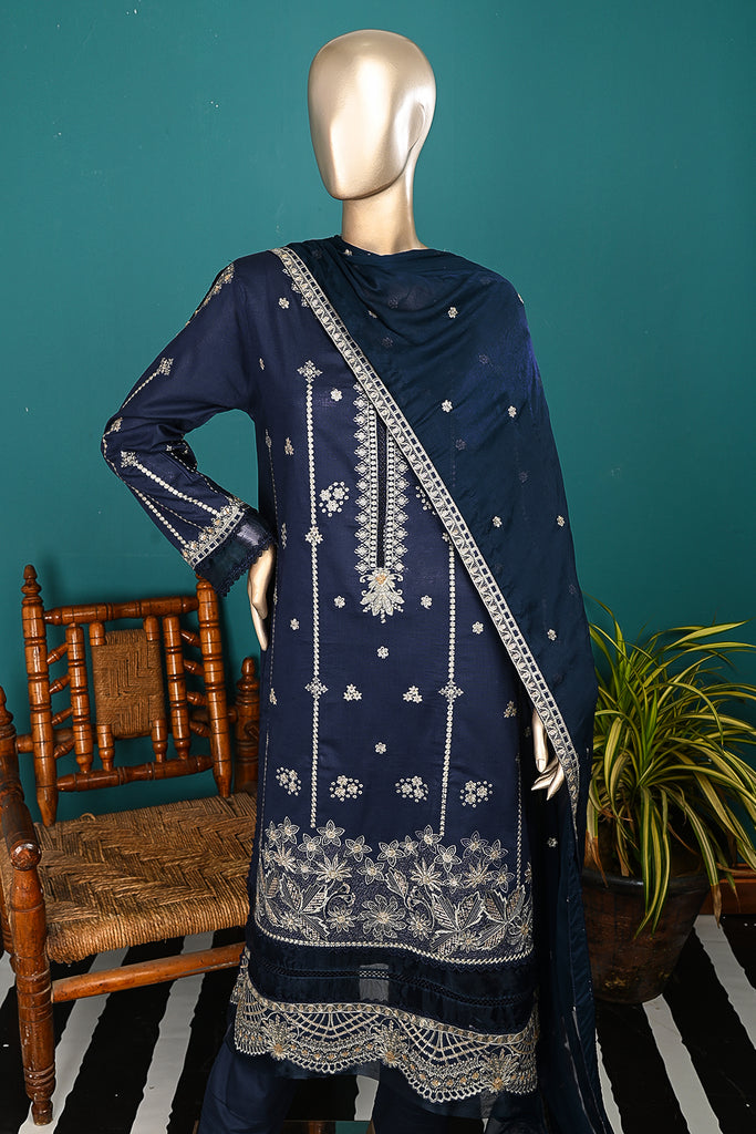 SC-349A-NavyBlue - Saltanat | 3Pc Cotton Embroidered & Printed Dress