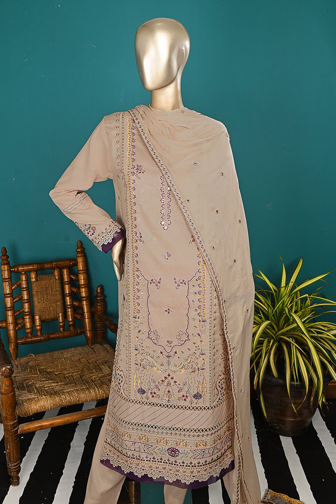 SC-345A-Brown - Organic Delight | 3Pc Cotton Embroidered & Printed Dress