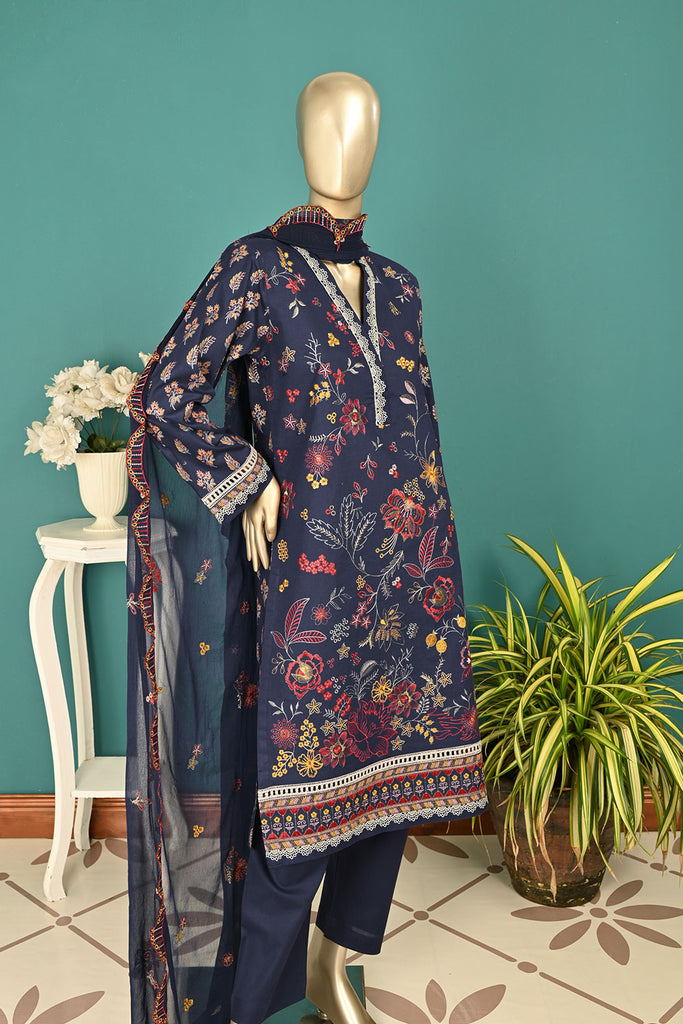 SC-365B-Navy Blue - Bloom | 3Pc Cambric Embroidered & Printed Dress