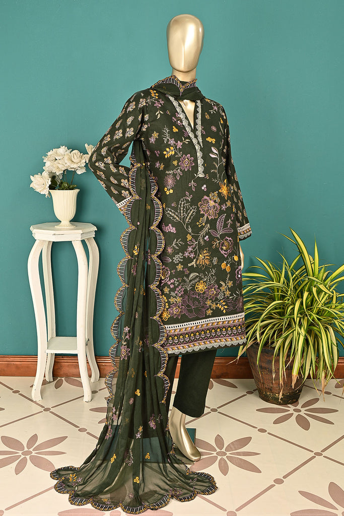 SC-365A-Mehndi - Bloom | 3Pc Cambric Embroidered & Printed Dress
