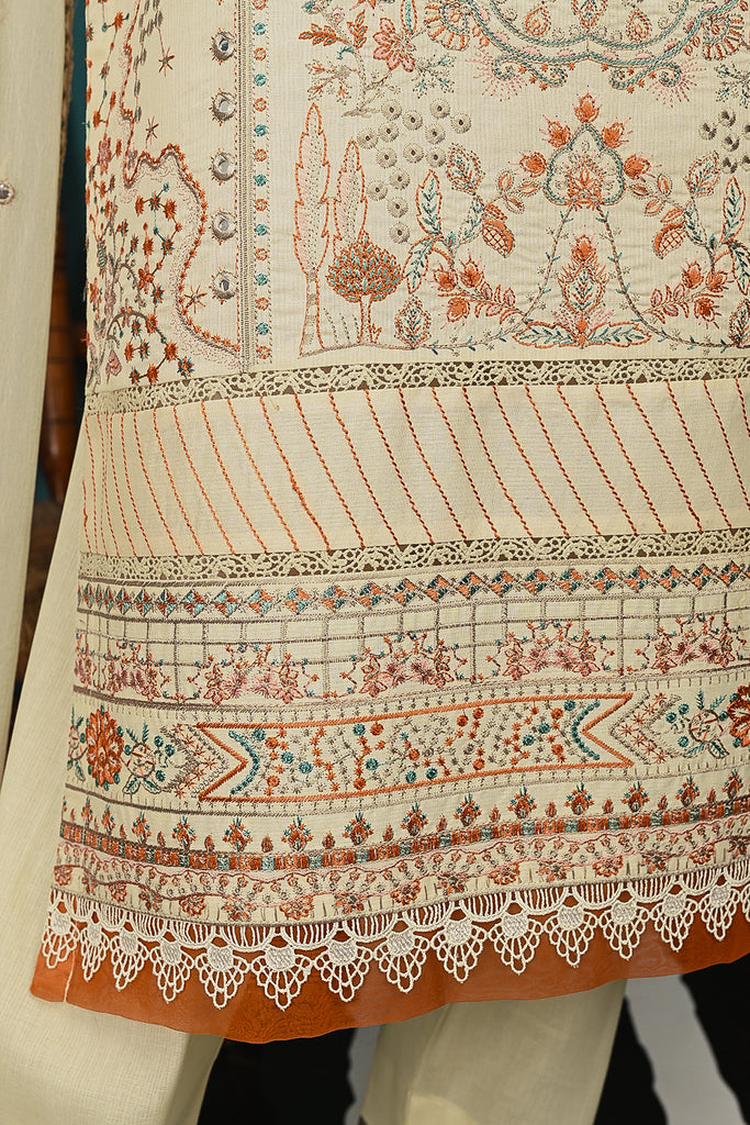 SC-345B-Cream - Organic Delight | 3Pc Cotton Embroidered & Printed Dress