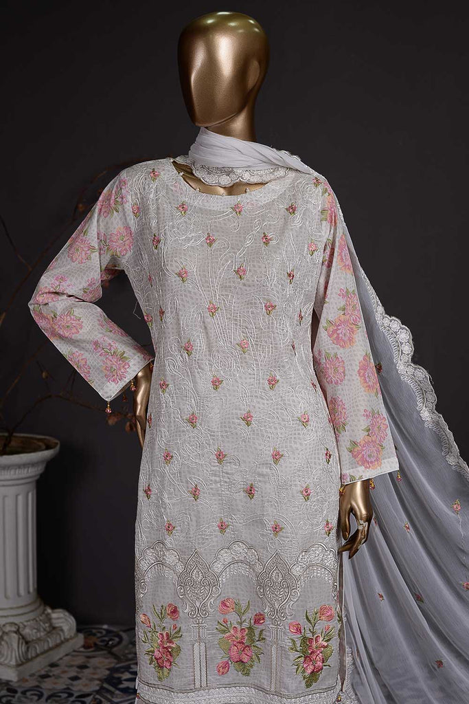 3D Print (SC-79A-White) Un-Stitched Embroidered Cambric Dress with Embroidered Chiffon Dupatta