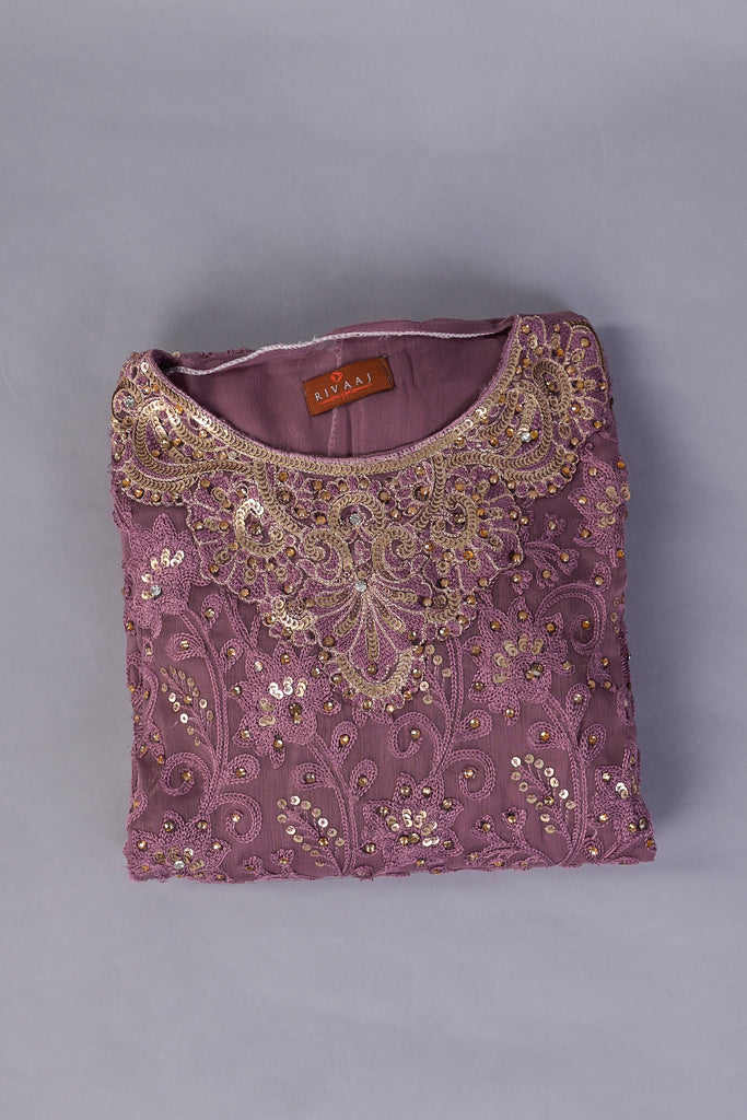 R19-F69-Purple - 3 Pc Semi Unstitched Chiffon Embroidered