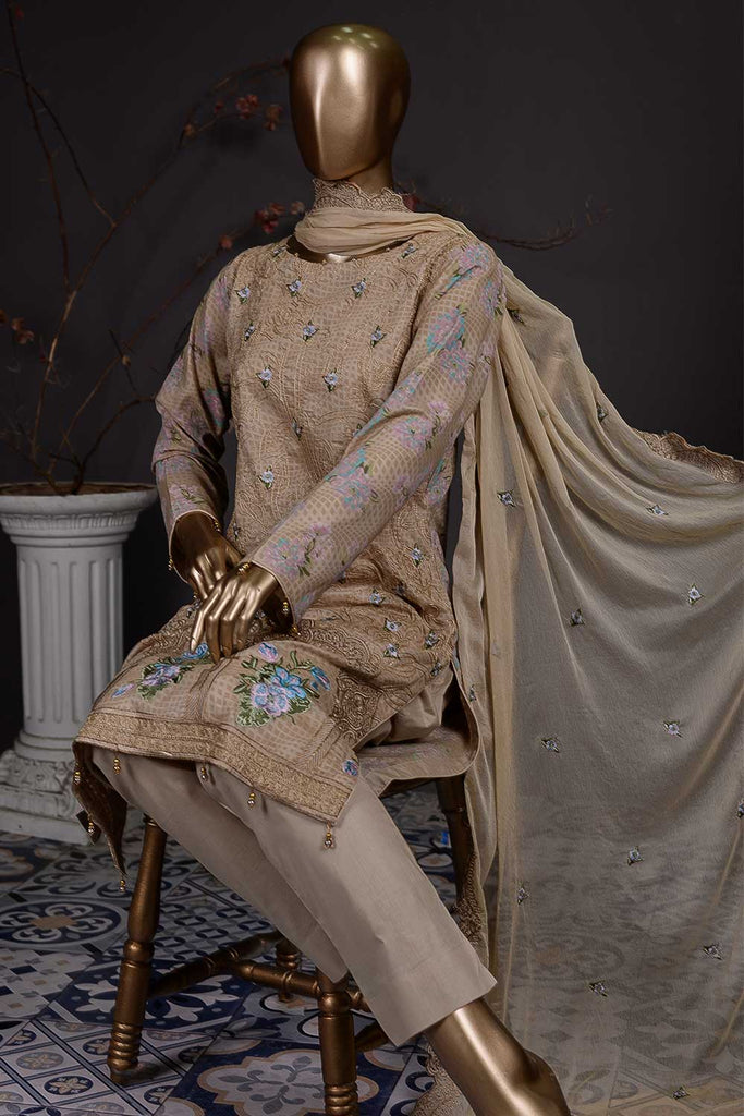 3D Print (SC-79B-Skin) Un-Stitched Embroidered Cambric Dress with Embroidered Chiffon Dupatta