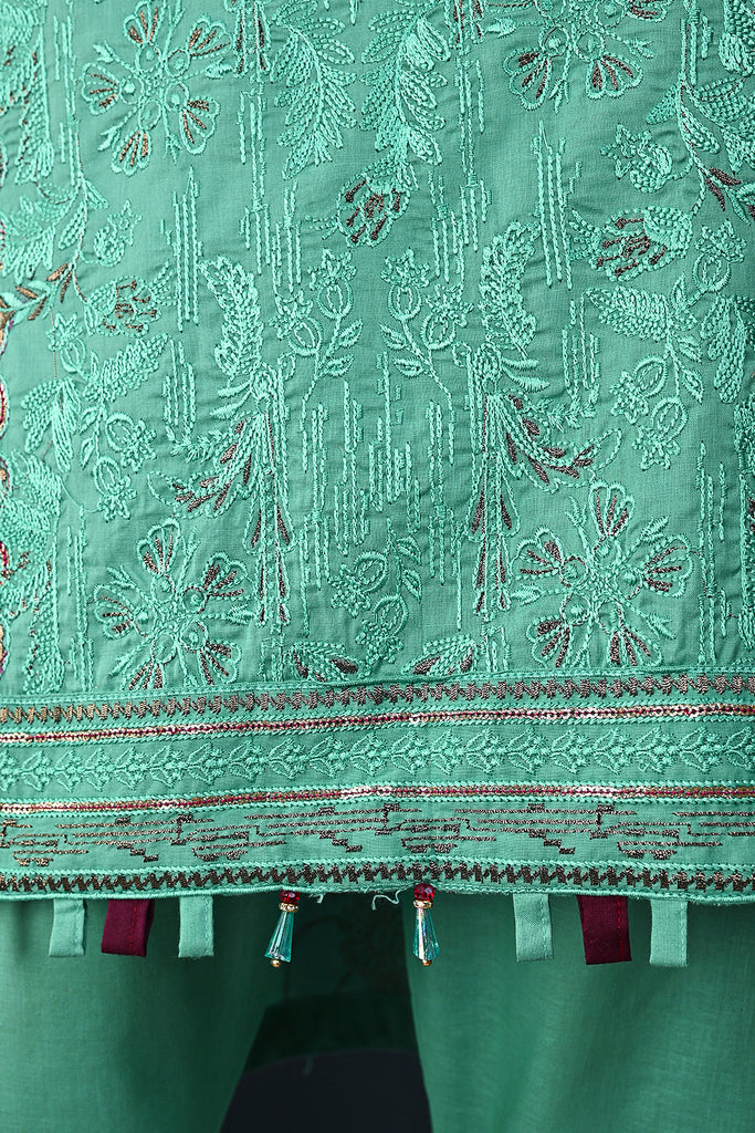 SC-225A-SeaGreen - Mud Leaves | 3Pc Cotton Embroidered & Printed Dress