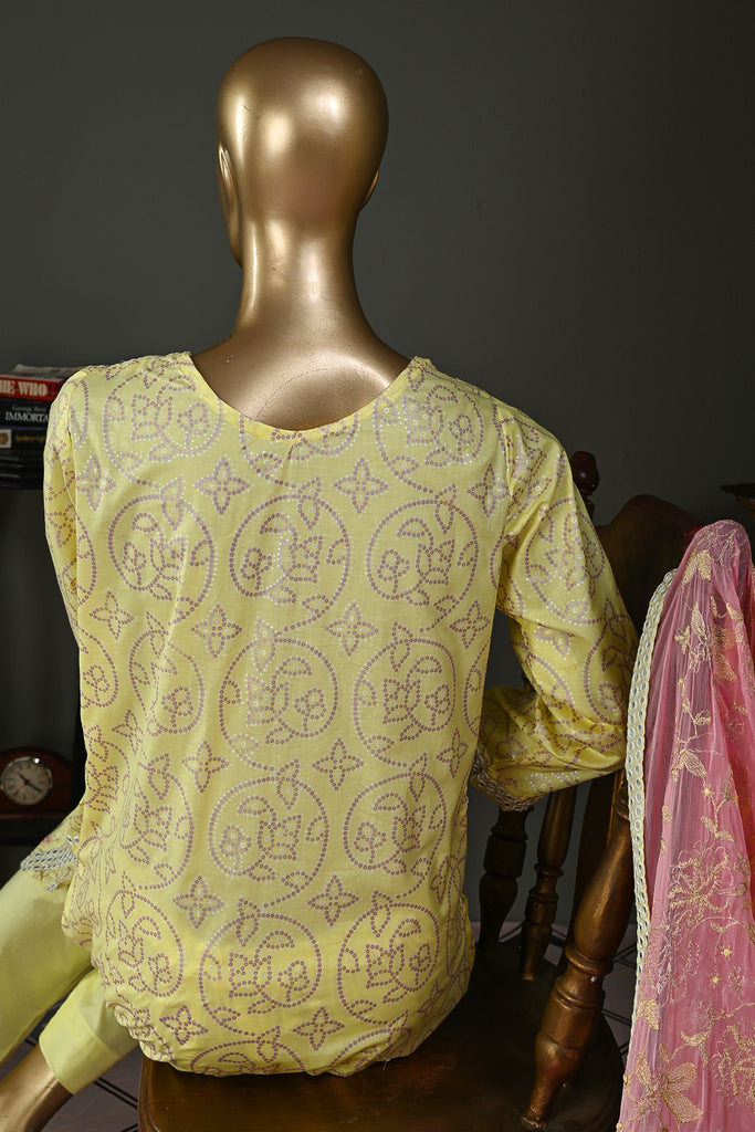 SC-198D-Lemon - The 9mm | 3Pc Cotton Embroidered & Printed Dress