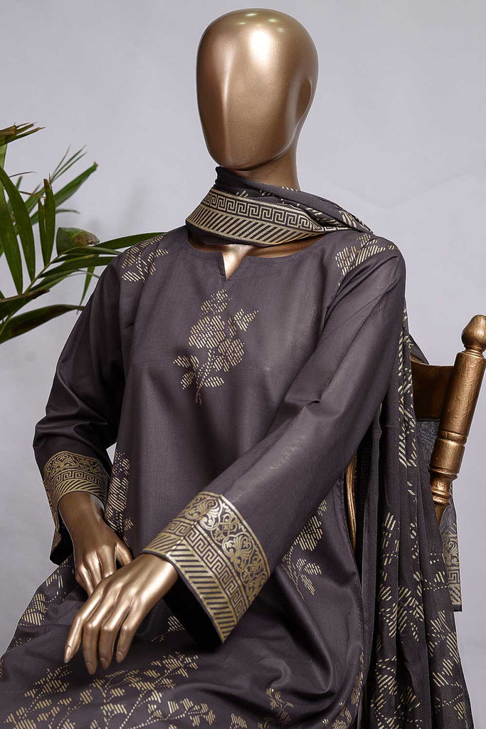 Pure Charisma (CC-1J-C-Slate Grey) 3 Pc Unstitched  Printed Cambric Dress with Chiffon Dupatta