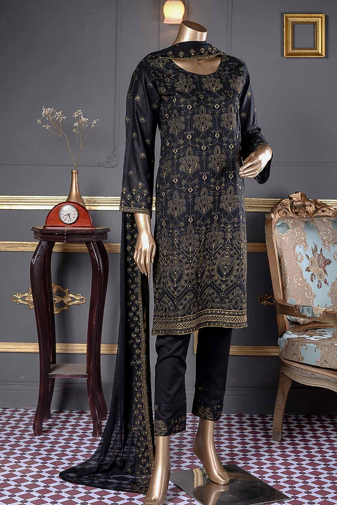 Grace (BZ-10A) | Black 3 Pc Unstitched Embroidered Cambric Dress with Embroidered Chiffon Dupatta