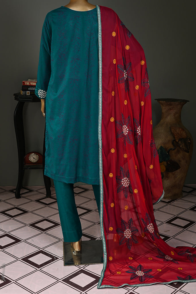 SC-16D-Turquoise - Snow Leaf | 3Pc Cotton Embroidered & Printed Dress