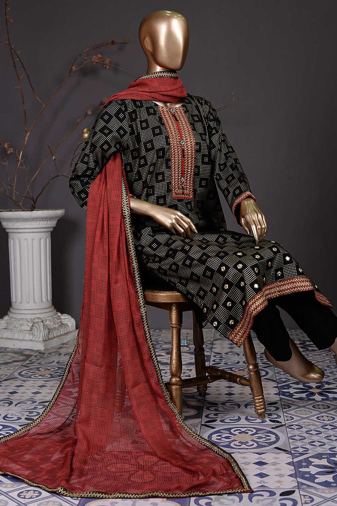 Golden Square (SC-81A-Black) Embroidered Un-Stitched Cambric Dress With Embroidered Chiffon Dupatta