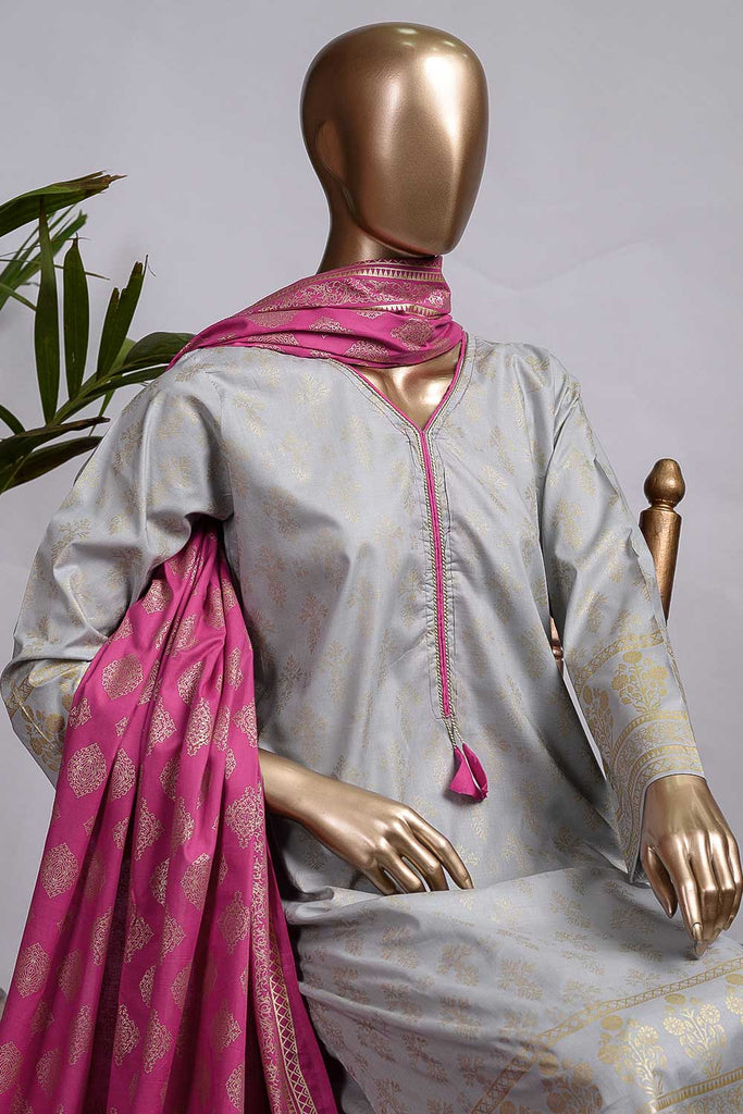 Pure Charisma (CC-3A-Light Grey) | 3 Pc Light-Grey Unstitched Printed Cambric Dress with Pink Dupatta