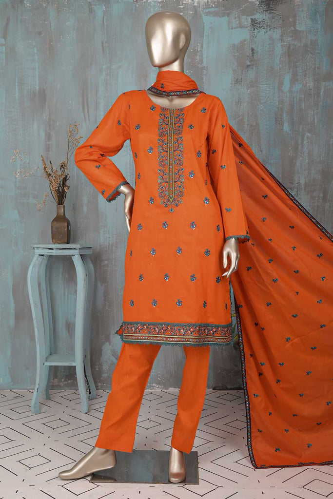 SC-270A-Orange - Zunaira | 3Pc Cotton Embroidered & Printed Dress