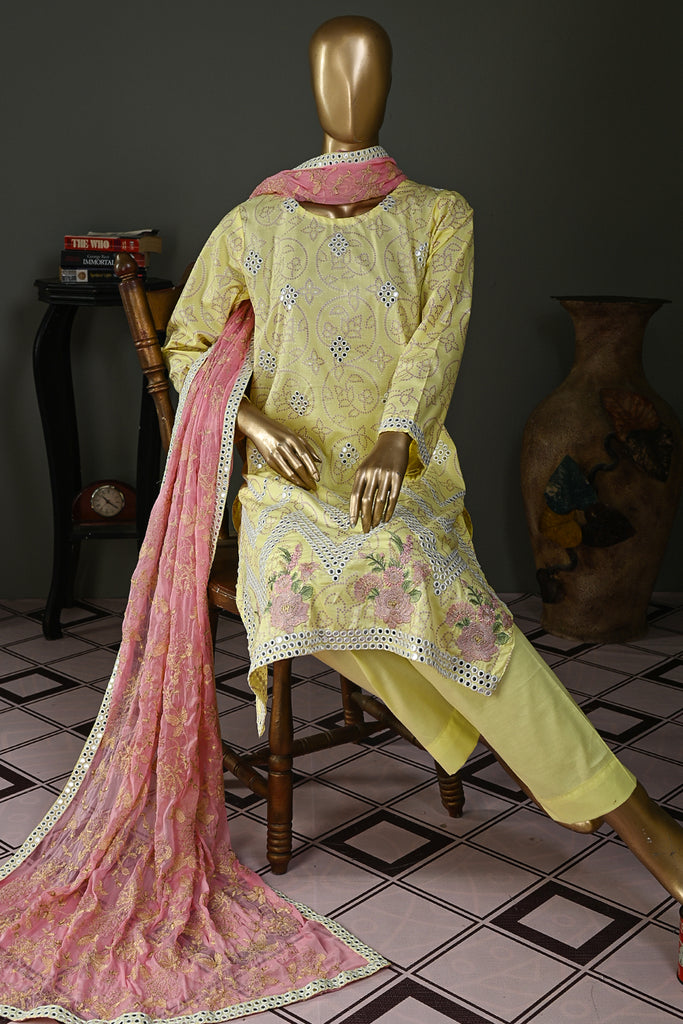 SC-198D-Lemon - The 9mm | 3Pc Cotton Embroidered & Printed Dress