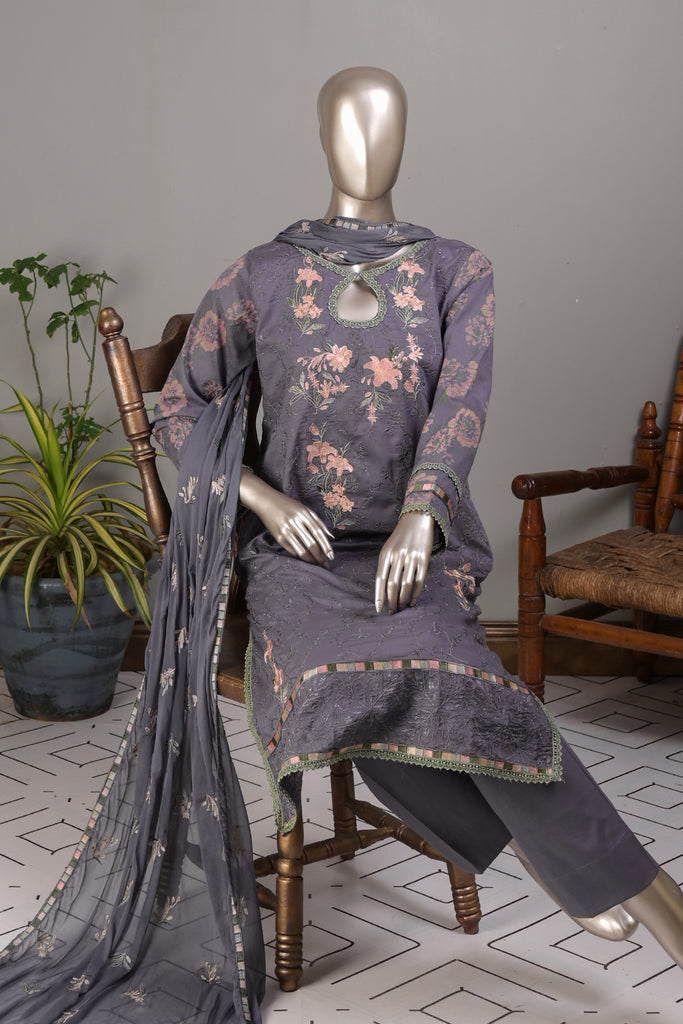 SC-254B-Purple - COLUMBUS | 3Pc Cotton Embroidered & Printed Dress