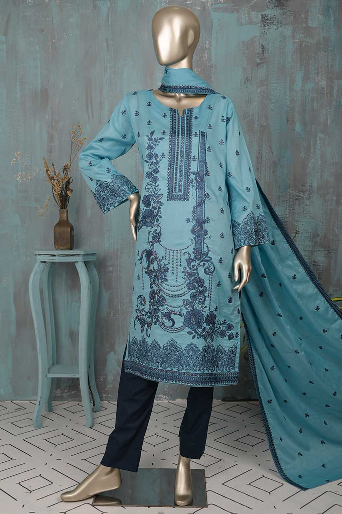 SC-268A-Blue - Elsa | 3Pc Cotton Embroidered & Printed Dress