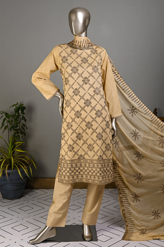 SC-247A-Skin - Stone Age | 3Pc Cotton Embroidered & Printed Dress