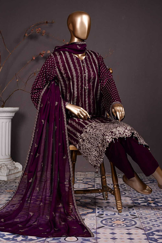 Chicken Stripe (SC-80B-Purple) Embroidered Un-Stitched Cambric Dress With Embroidered Chiffon Dupatta