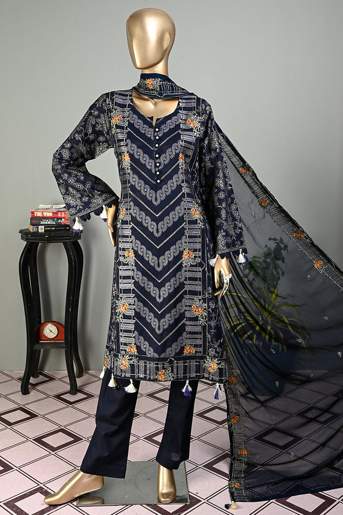 SC-236A-NavyBlue - Cross Track | 3Pc Cotton Embroidered & Printed Dress