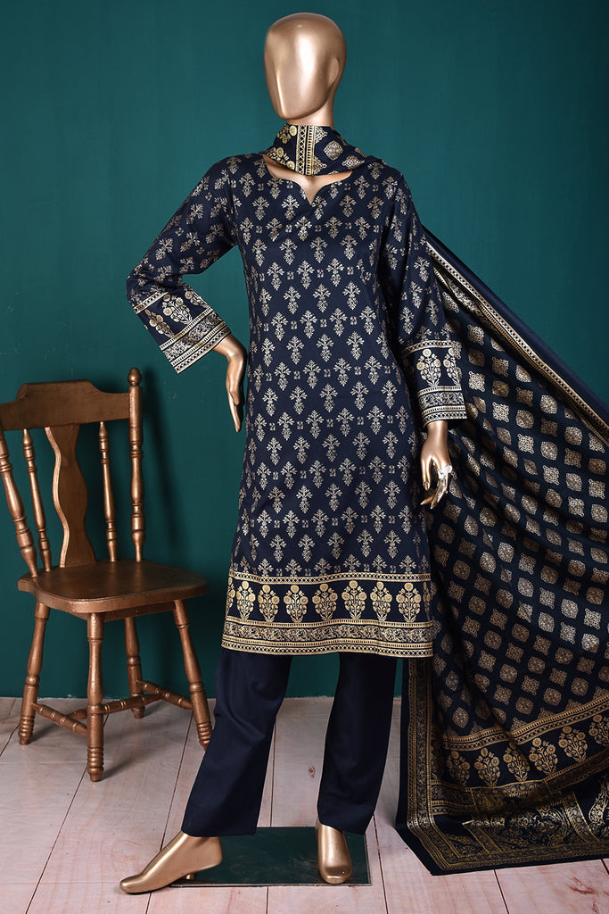 (CC-3D-Navy Blue) | 3 Pc Unstitched Printed Cambric Dress