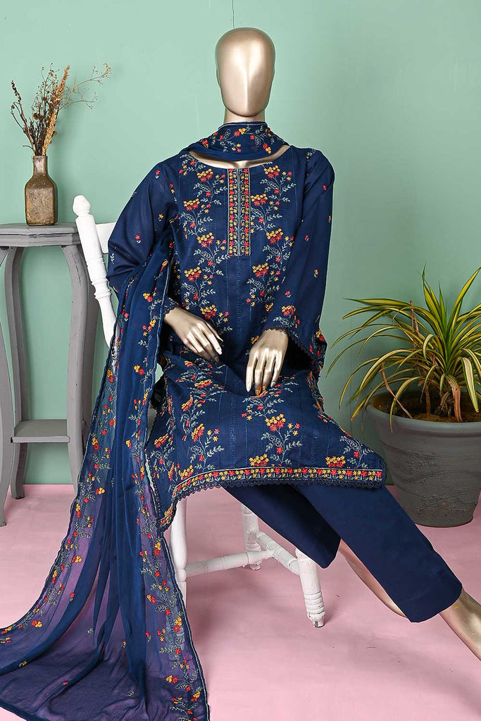 SC-298B-Blue - Emerald | 3Pc Cotton Embroidered & Printed Dress