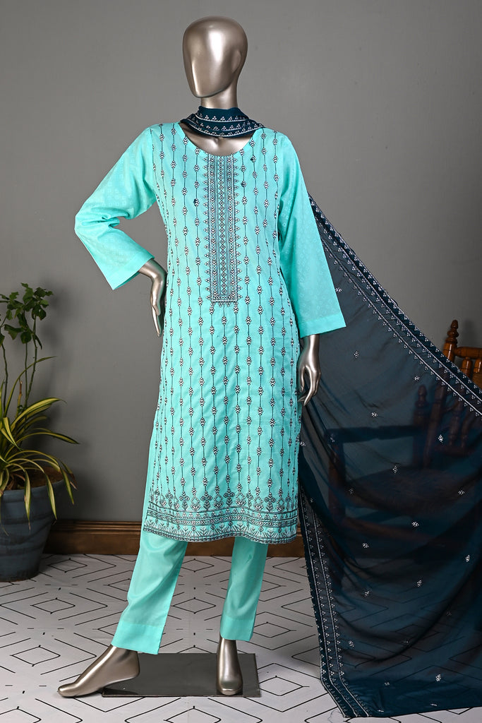 Lightout (SC-177A-LightBlue) 3Pc Embroidered & Printed Un-Stitched Cotton Dress With Embroidered Chiffon Dupatta