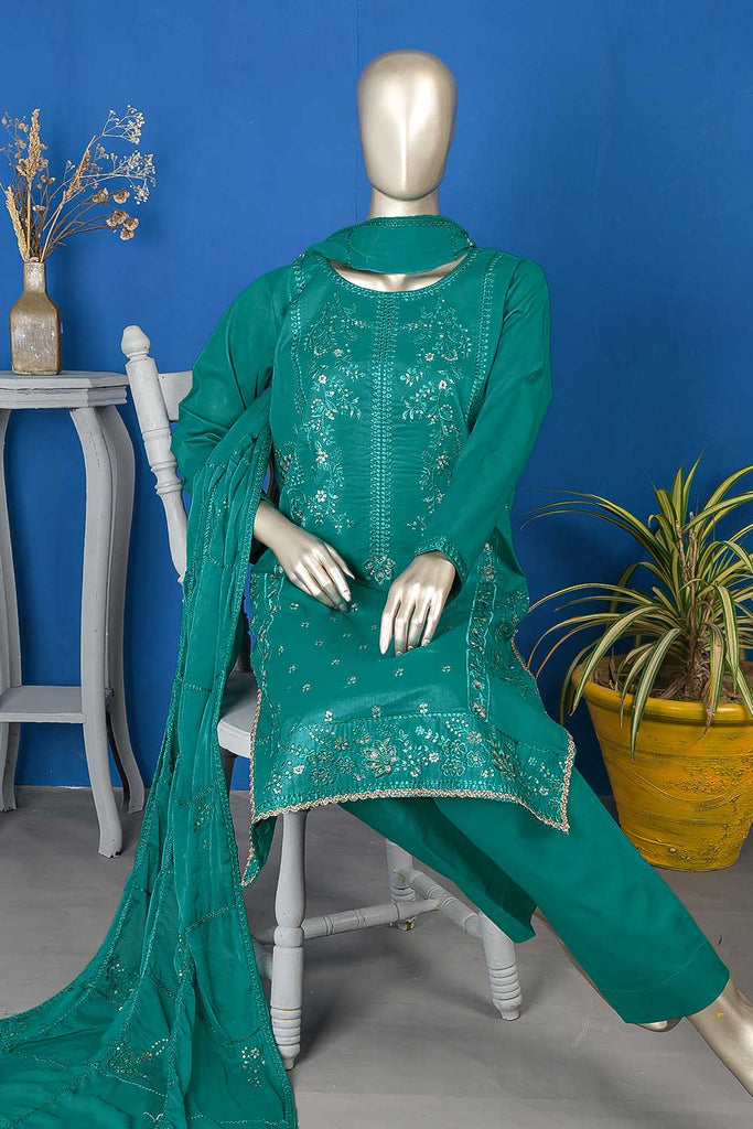 SC-289B-Turquoise - Zaiver | 3Pc Cotton Embroidered & Printed Dress