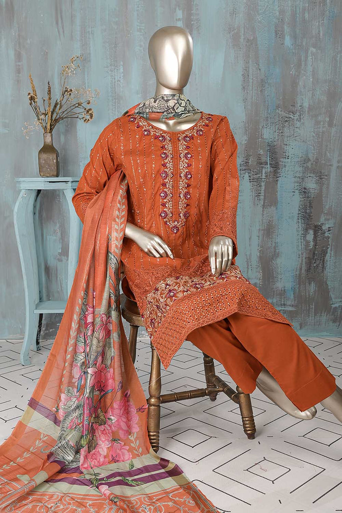SC-184E-Rust - AQS-E-JUNOON | 3Pc Cotton Embroidered & Printed Dress