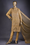 3pc Un-Stitched Embroidered Bamber Chiffon Dress With Raw Silk Trouser - Mahogany  (AMB-03-Mehendi)