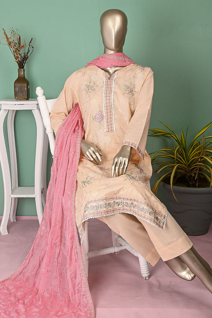 SC-300B-Peach - Sui Makri | 3Pc Cotton Embroidered & Printed Dress