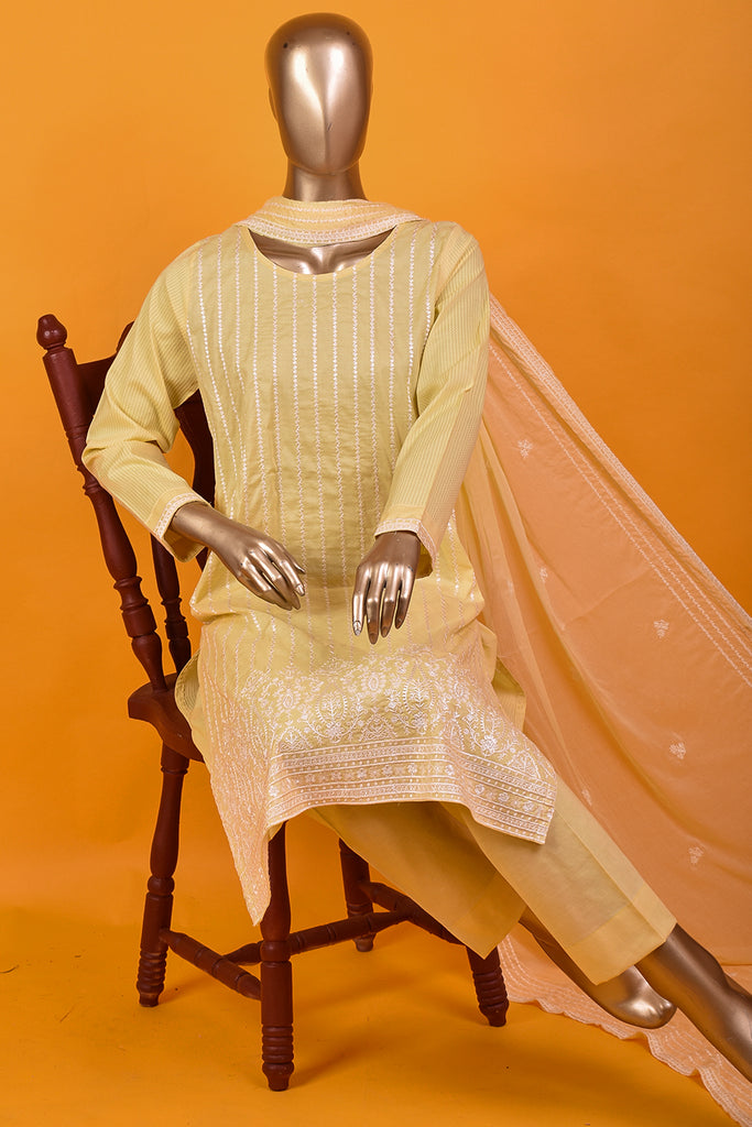 Mistress (SC-172B-Yellow) 3Pc Embroidered & Printed Un-Stitched Cotton Dress With Embroidered Chiffon Dupatta
