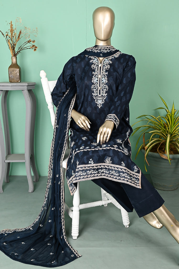 SC-271E-DarkNavyBlue - Chameli | 3Pc Cotton Embroidered & Printed Dress