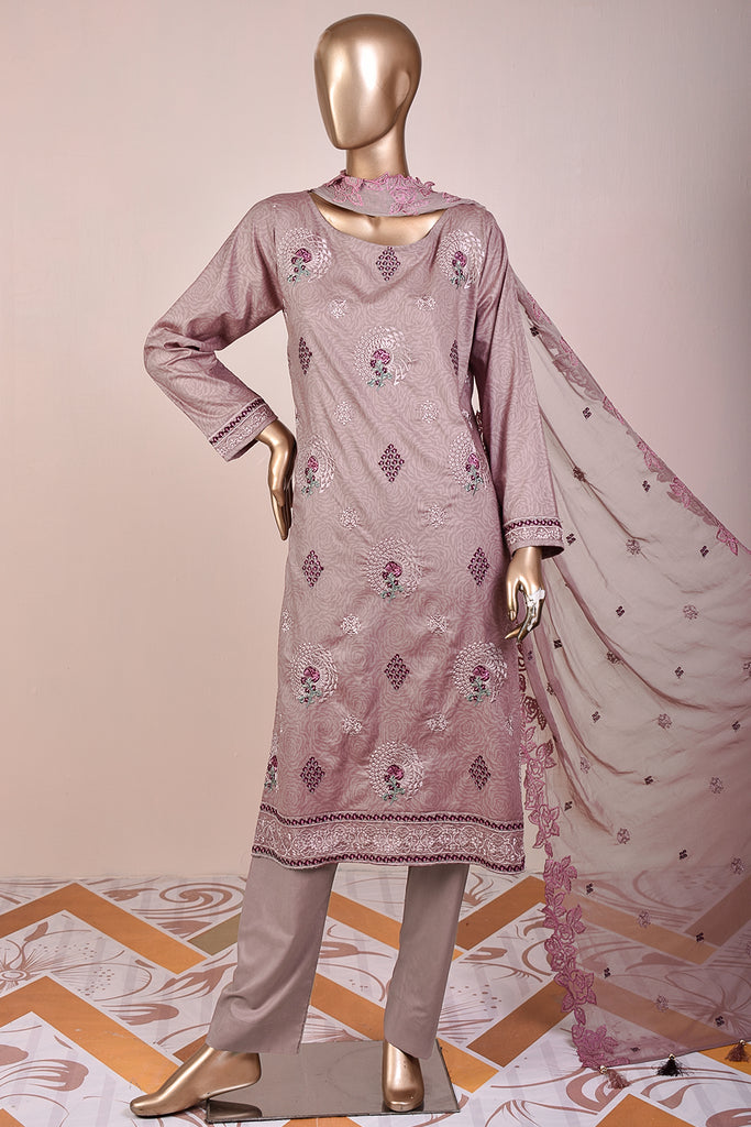 Rose Garden-(SC-98B-Blush) 3Pc Embroidered & Printed Un-Stitched Cotton Dress With Embroidered Chiffon Dupatta