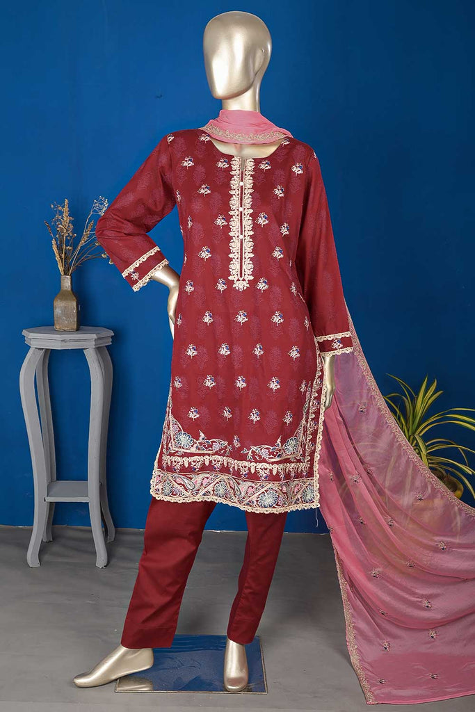 SC-287A-Red - Raspberry | 3Pc Cotton Embroidered & Printed Dress