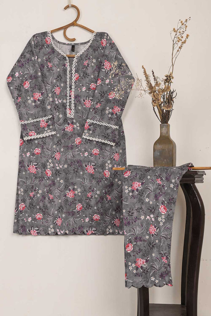 D-01-Grey | 2Pc Printed Cambric Dress With Trouser
