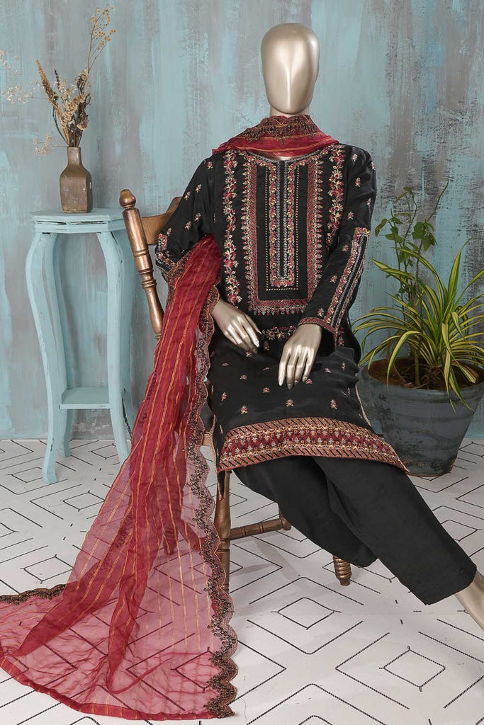 SC-267B-Black - Manto | 3Pc Raw Silk Embroidered & Printed Dress