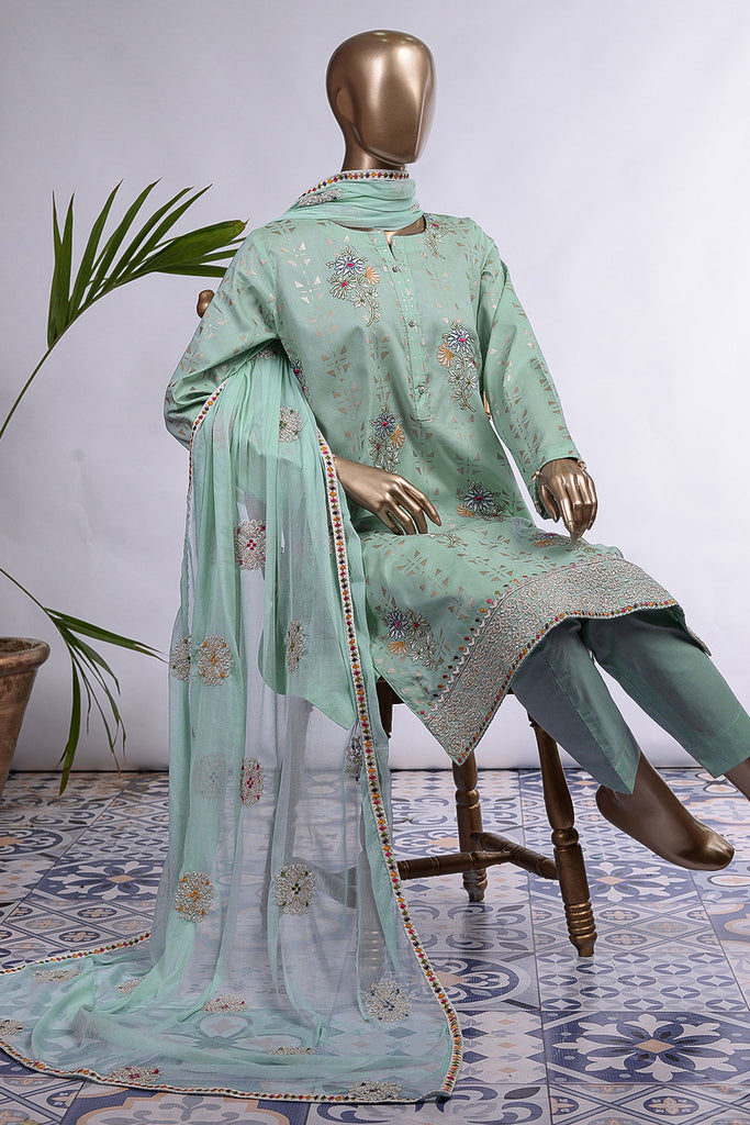 Triangle Flow (SC-78B-Cyan) Embroidered Cambric Dress with Embroidered Chiffon Dupatta