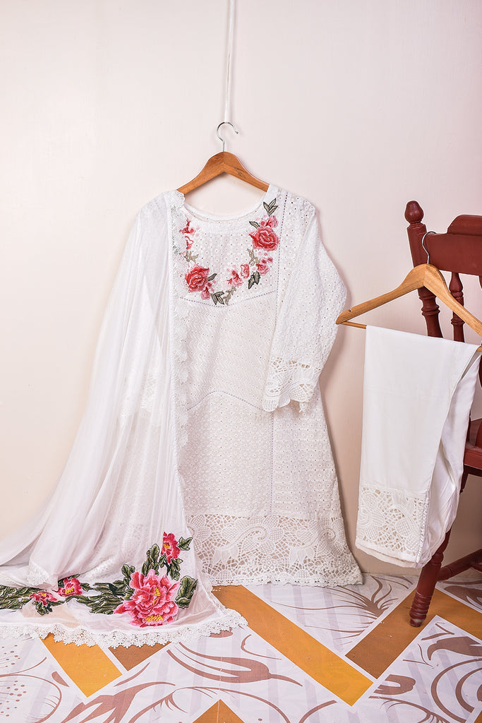 (HJC-04-White) | 3Pc Schiffli Un-Stitched Chikankari Dress With Embroidered Flowers Bunches With Chiffon Embroidered Dupatta