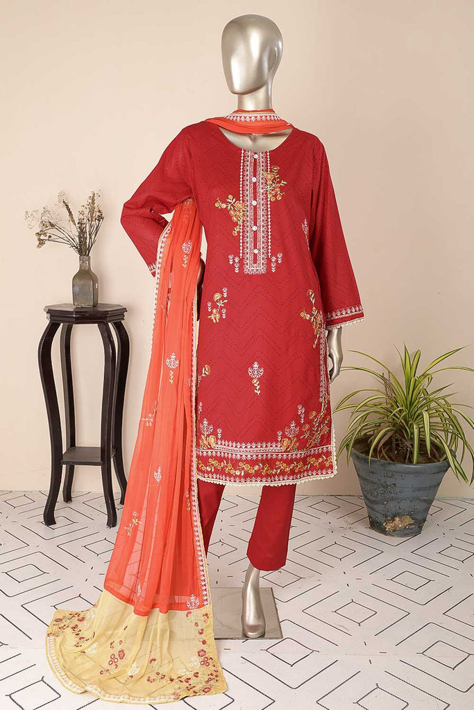 SC-284A-Red - Florent | 3Pc Cotton Embroidered & Printed Dress