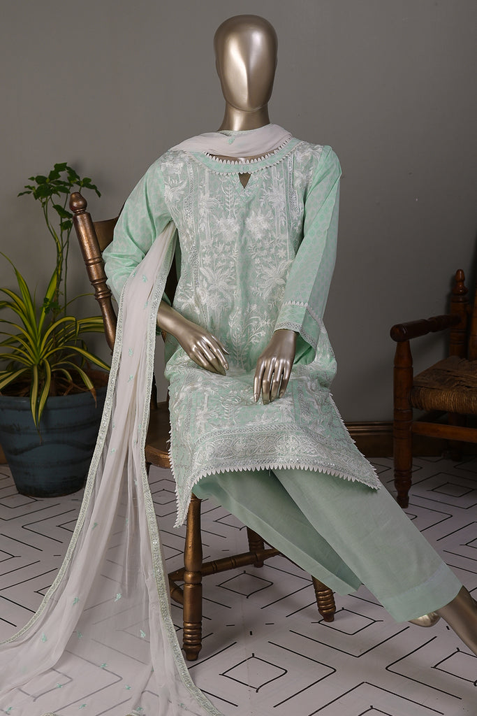 SC-89E-LightGreen - AAINA FLOWER | 3Pc Cotton Embroidered & Printed Dress