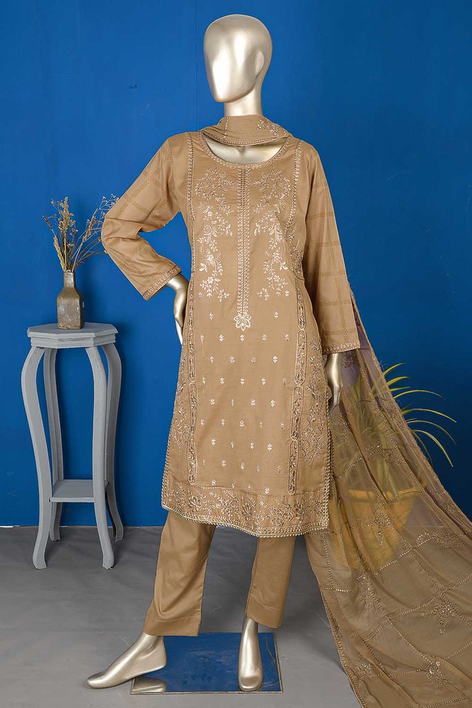 SC-289A-Khaki - Zaiver | 3Pc Cotton Embroidered & Printed Dress