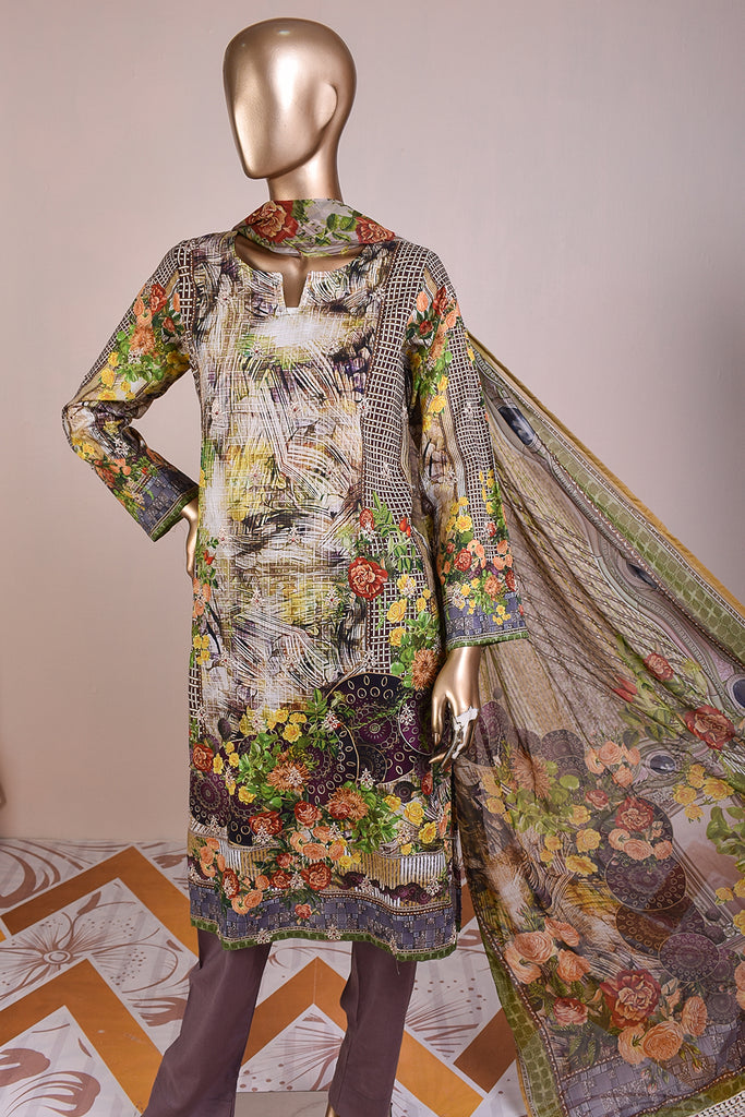 Corsage (PNE-09) - 3 Pc Unstitched Embroidered Digital Lawn Dress with Bamber Chiffon Digital Dupatta (Embroidered Borders on Dupatta)