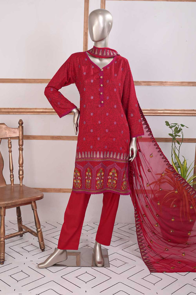 SC-263A-Red - Afsaaneh | 3Pc Cotton Embroidered & Printed Dress