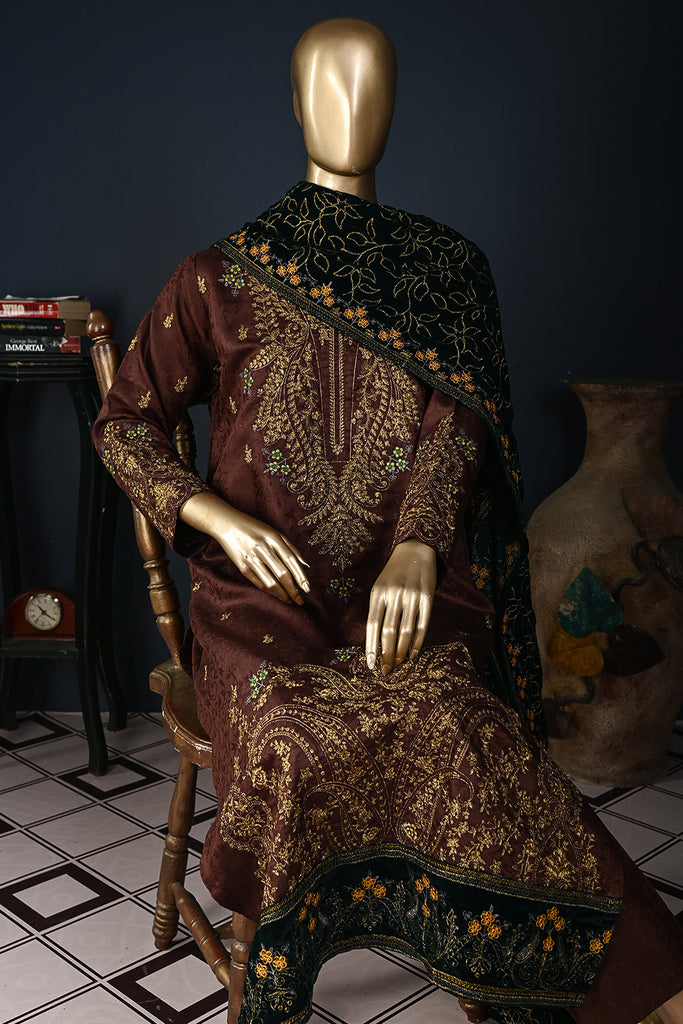 SVV-1B-Brown-Phulkari | 3Pc Cotton Embroidered & Printed Dress