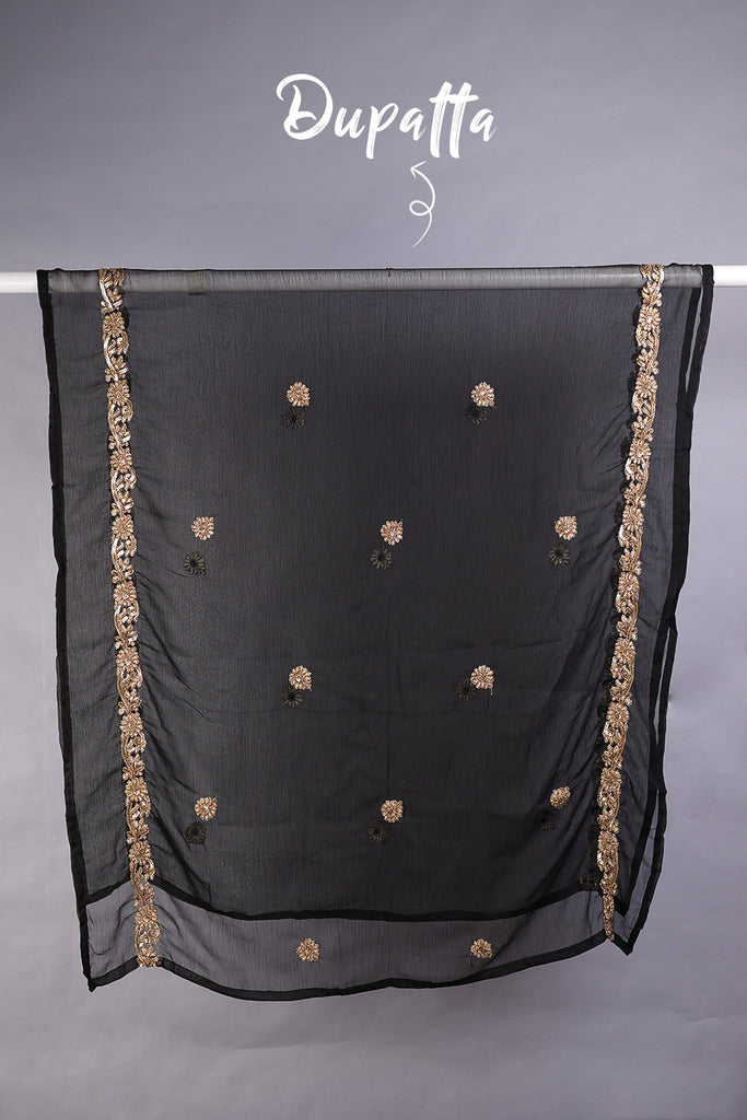 R19-F104-Black - 3 Pc Semi Unstitched Chiffon Embroidered
