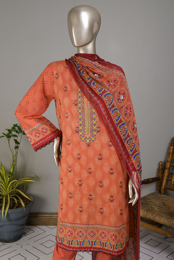 E2-08 | 3Pc Lawn Embroidered & Printed Dress