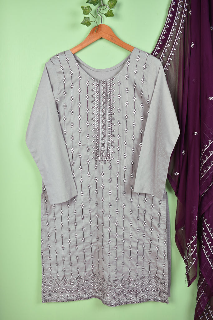 Lightout (SC-177B-Grey) 3Pc Embroidered & Printed Un-Stitched Cotton Dress With Embroidered Chiffon Dupatta