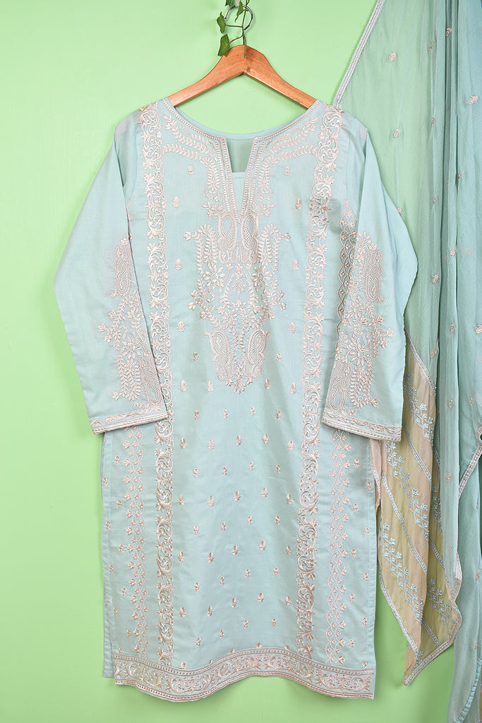 The Ordinary (SC-178A-SkyBlue) 3Pc Embroidered & Printed Un-Stitched Cambric Dress With Embroidered Chiffon Dupatta