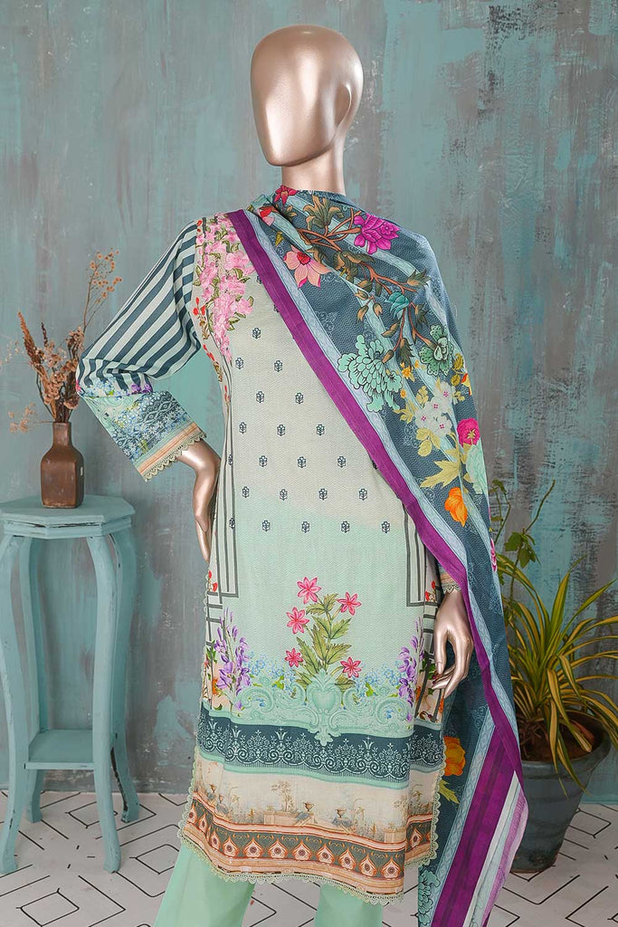 Smoke Screen (DE-06-SkyBlue) 3 Pc Unstitched Digital Printed & Embroidered Cotton Dress with Digital Printed Lawn Dupatta & Cotton Trouser