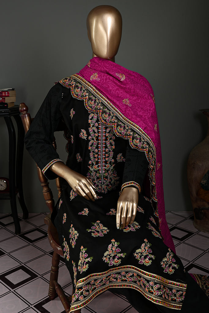 SC-227B-Black - Fariha | 3Pc Cotton Embroidered & Printed Dress
